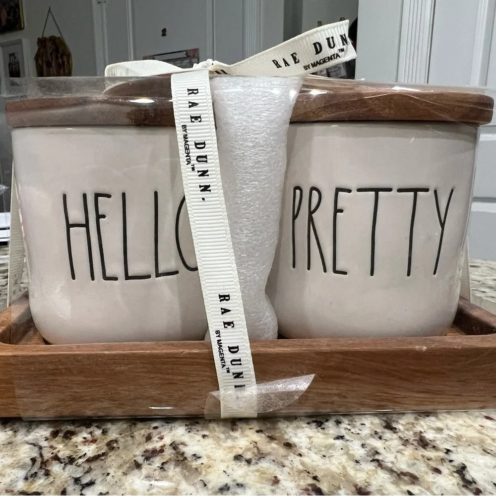 Rae Dunn HELLO PRETTY canisters. Small for bathroom use, with wooden tray. NWT